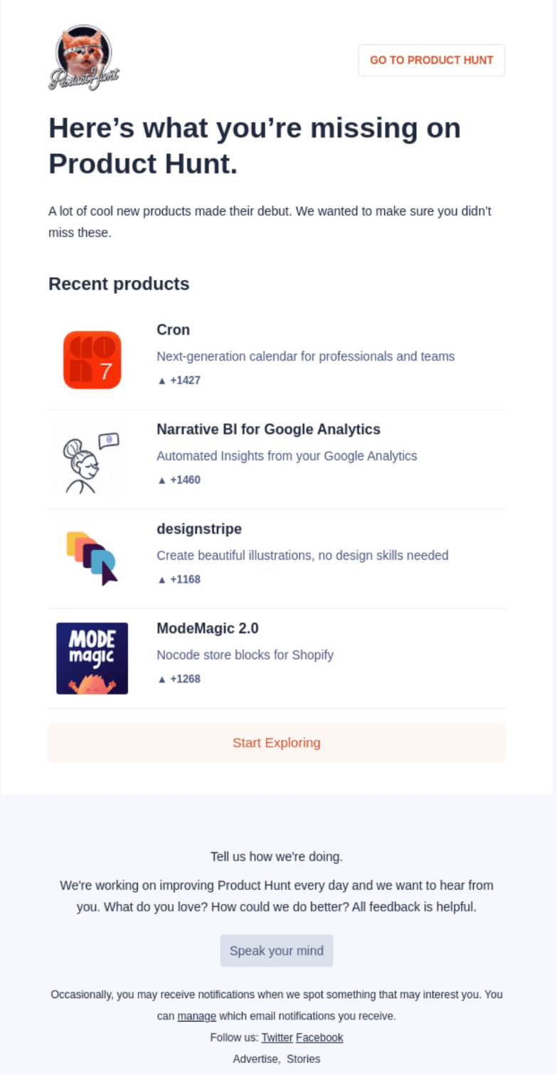 Win-back email from ProductHunt