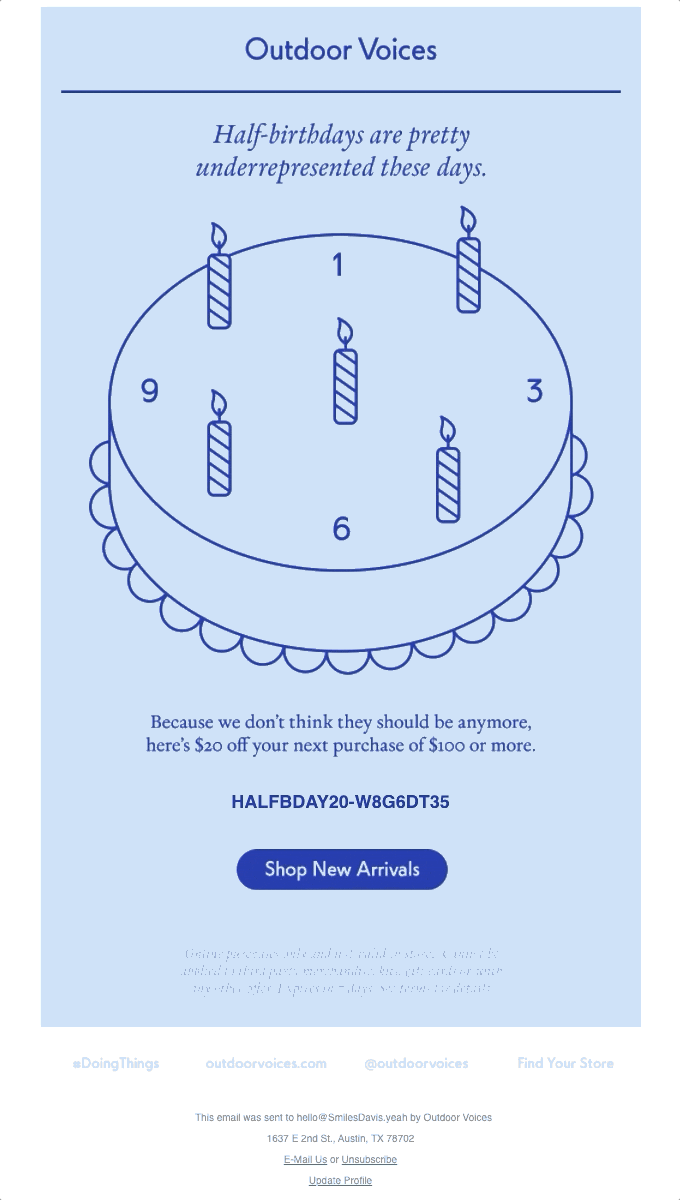 Birthday email from Outdoor Voices