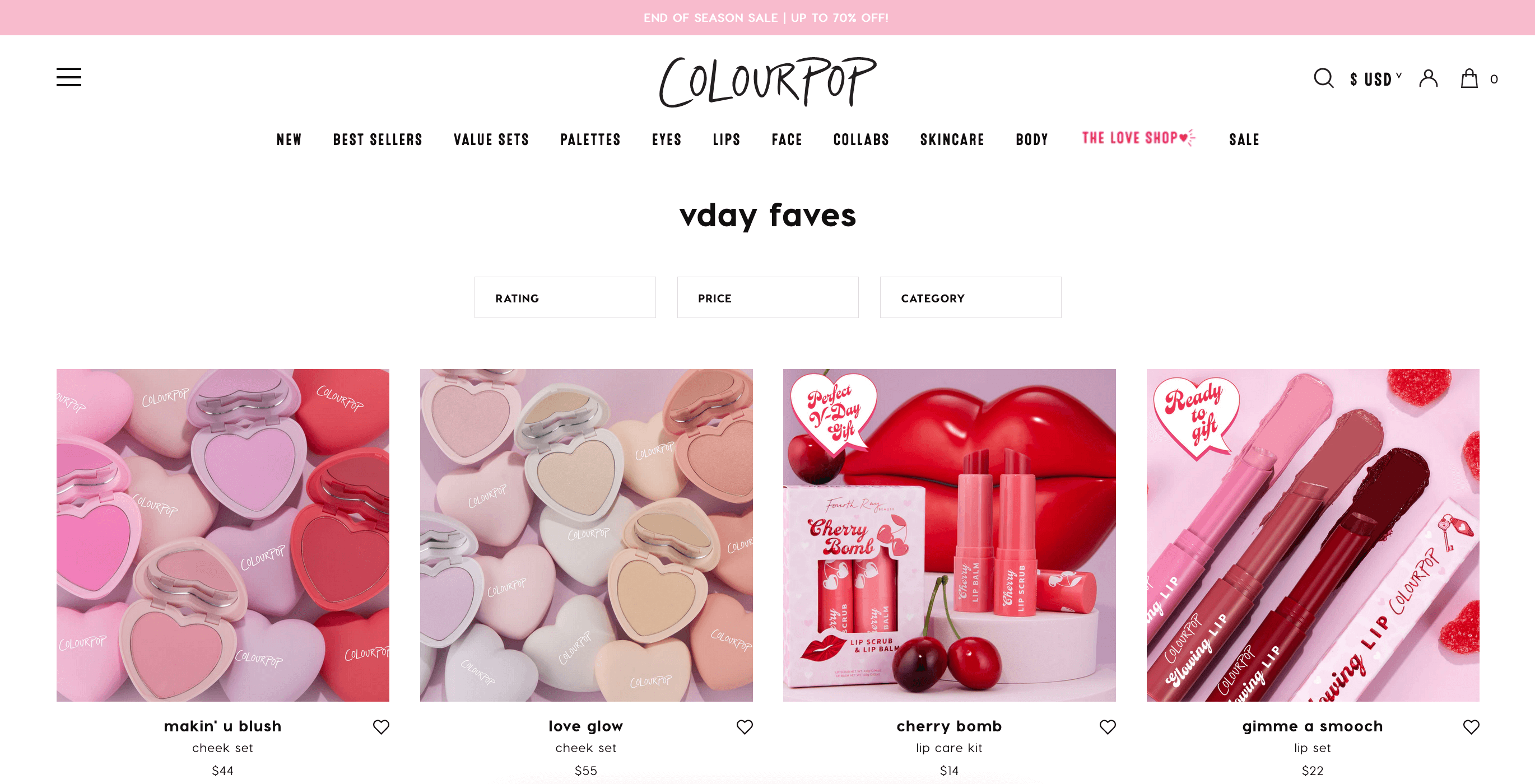 The Valentine’s Day section on ColourPop’s website with a selection of themed products