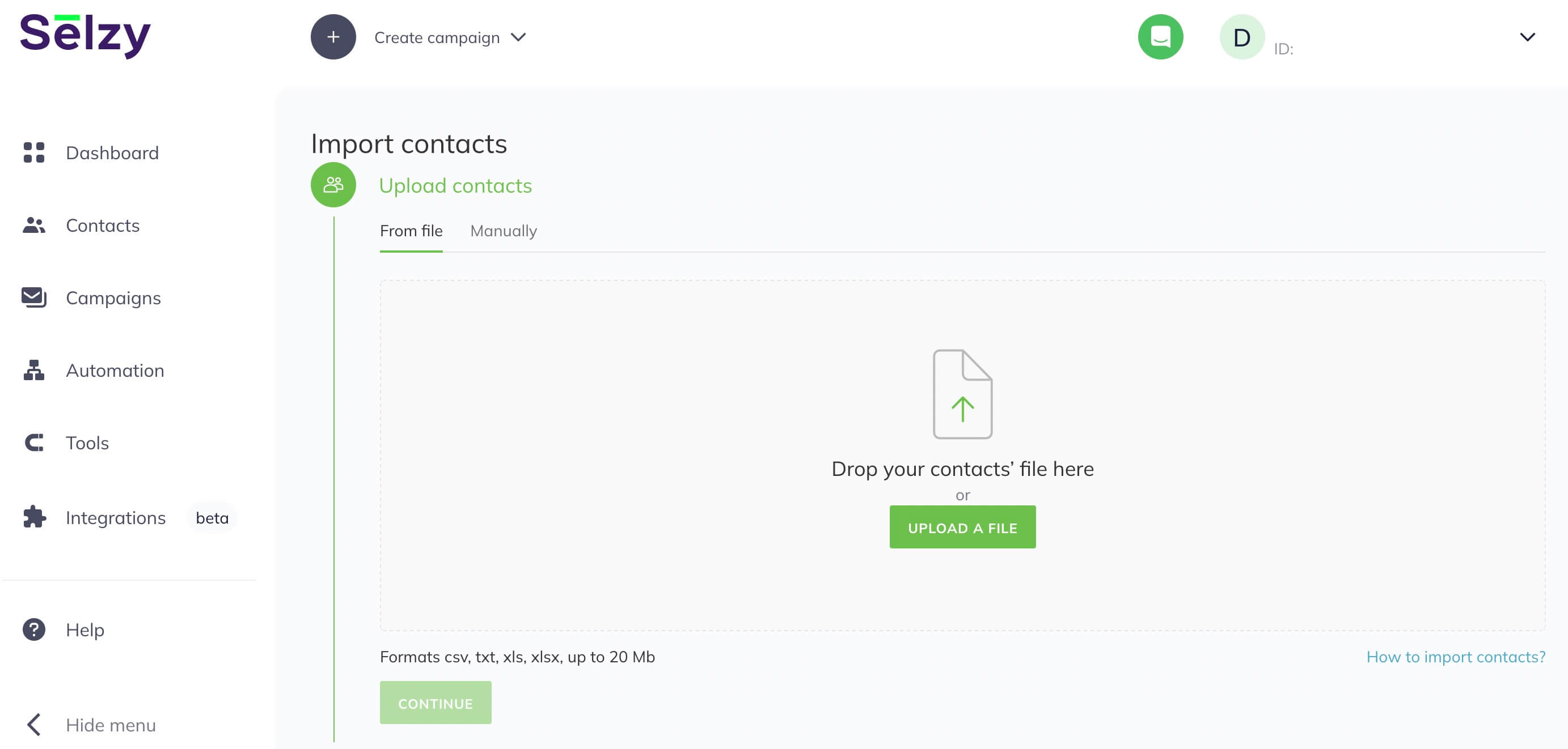 A screenshot of Selzy’s importing contacts process