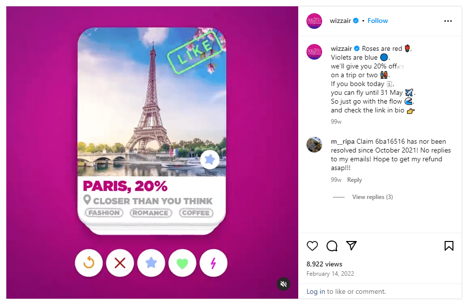 screenshot of a post from Wizz Air's Instagram profile with a video imitating Tinder