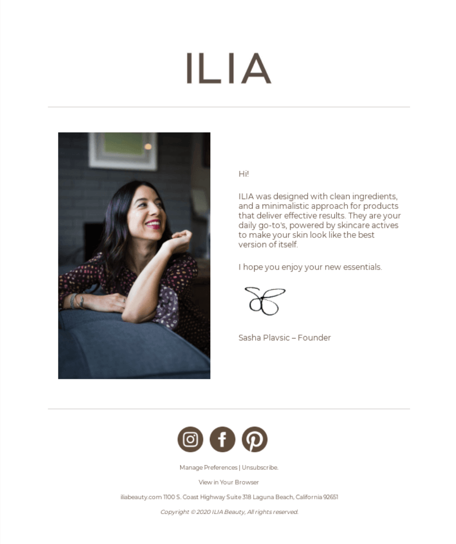 A transactional email from ILIA