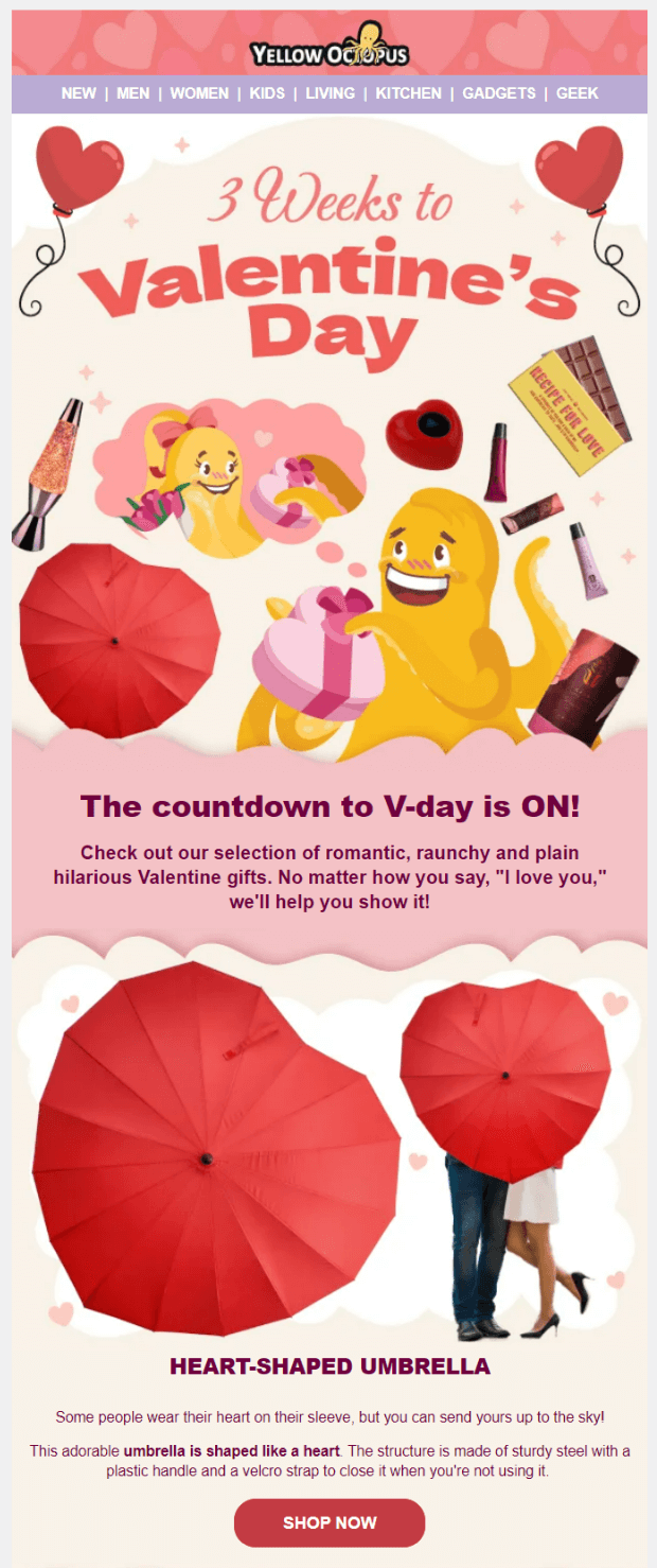 Valentine’s Day email from Yellow Octopus reminding readers that it’s 3 weeks left until Valentine’s Day