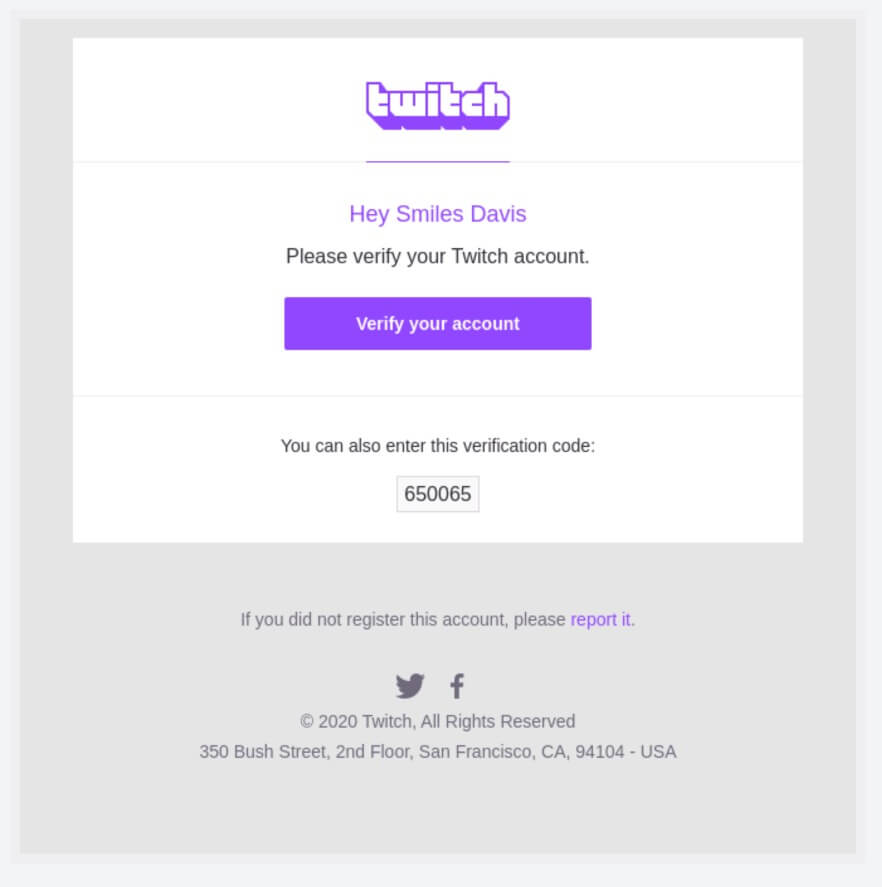 A transactional email from Twitch