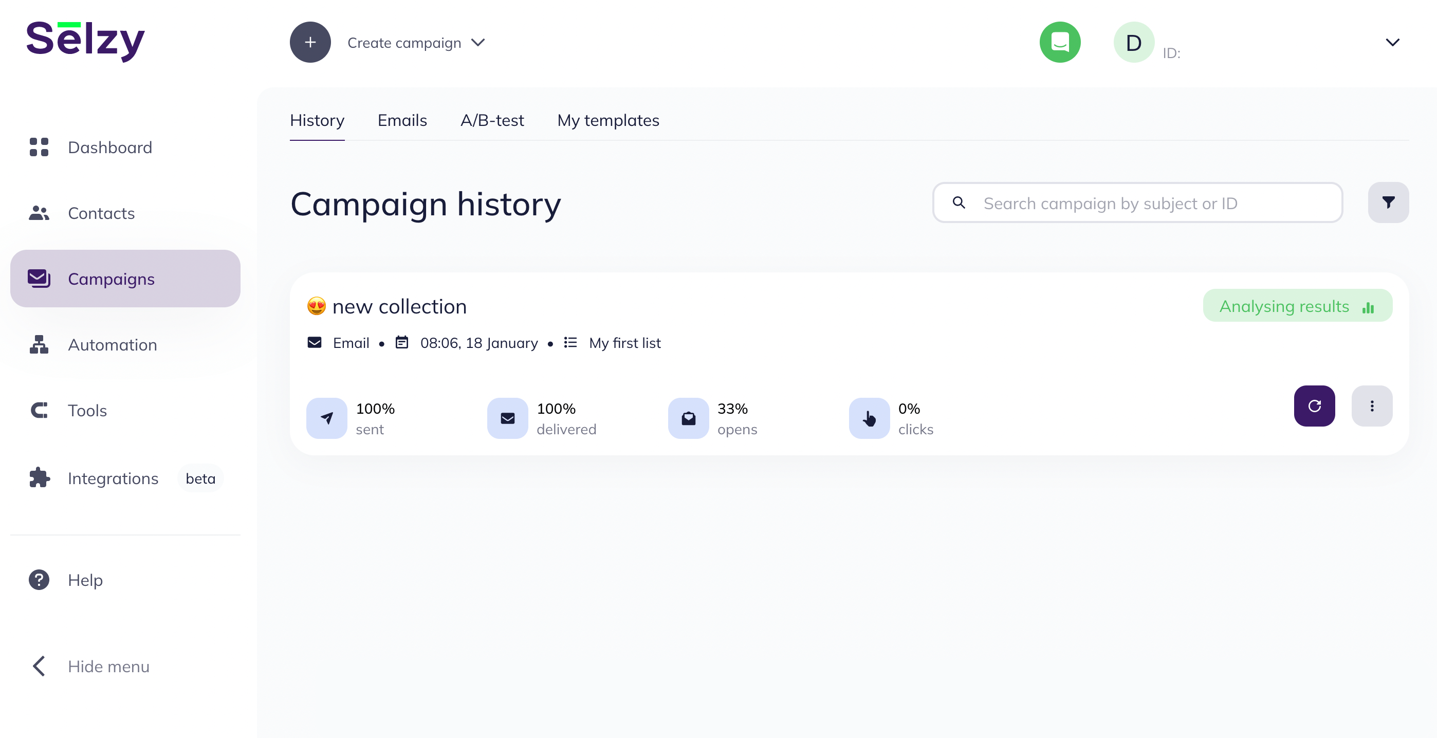 Selzy’s campaign analytics screen
