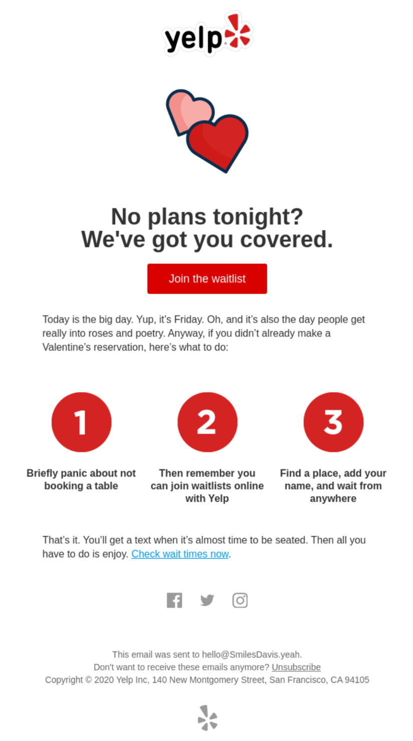 Valentine’s Day email from Yelp with the banner text “No plans tonight? We’ve got you covered.”