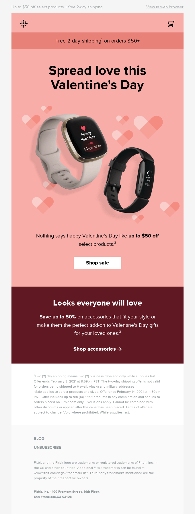 Valentine’s Day email from Fitbit with the banner text “Spread love this Valentine’s Day”