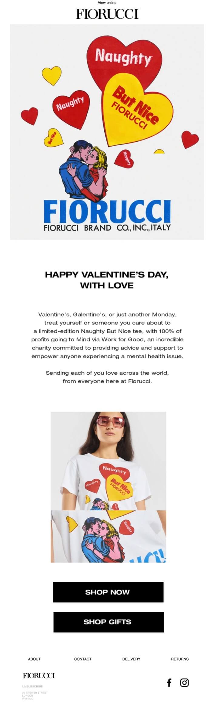 A Fiorucci Valentine’s email with a simple appreciation of the Valentine’s Day
