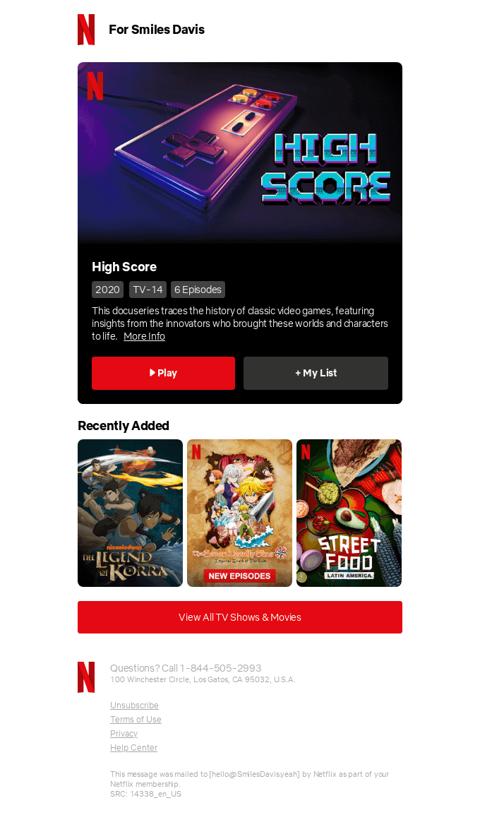 An example of an email announcing the release of new content from Netflix