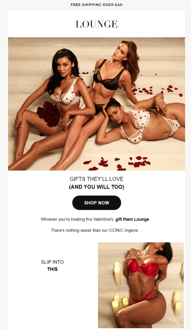 Valentine’s Day email from Lounge Underwear with the banner text “Gifts they’ll love (and you will too)”