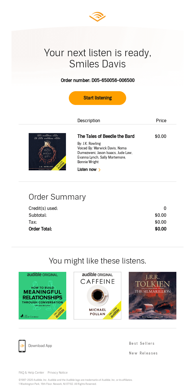 An example of a personalized email from Audible