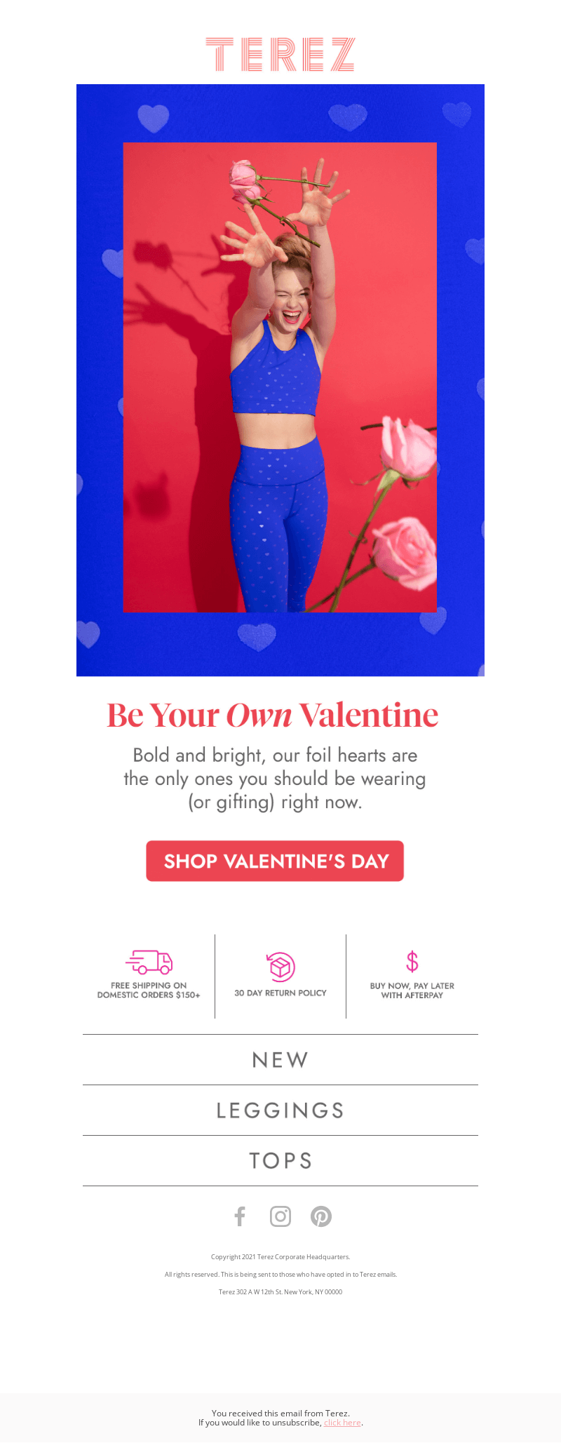 Valentine’s Day email from Terez with the banner text “Be Your Own Valentine”