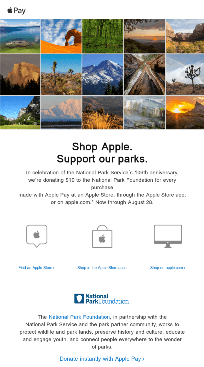 Apple promising to donate to National Park Foundation with every purchase you make using Apple Pay