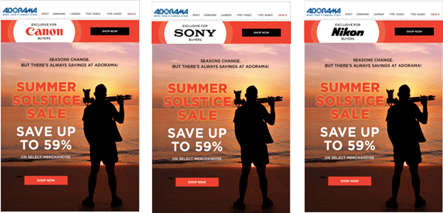 Adorama emails with personalized offer banners on top