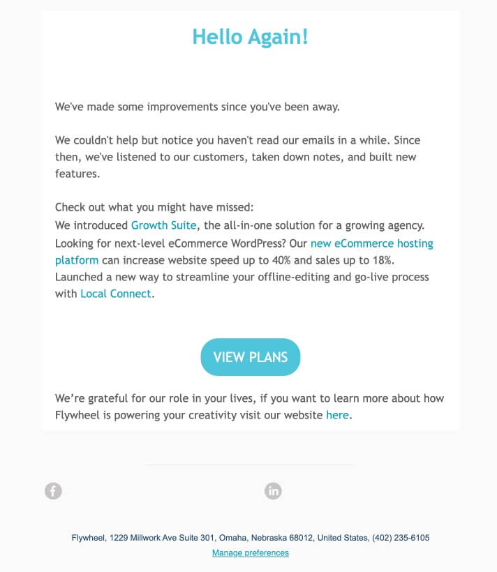 A re-engagement B2B email from Flywheel