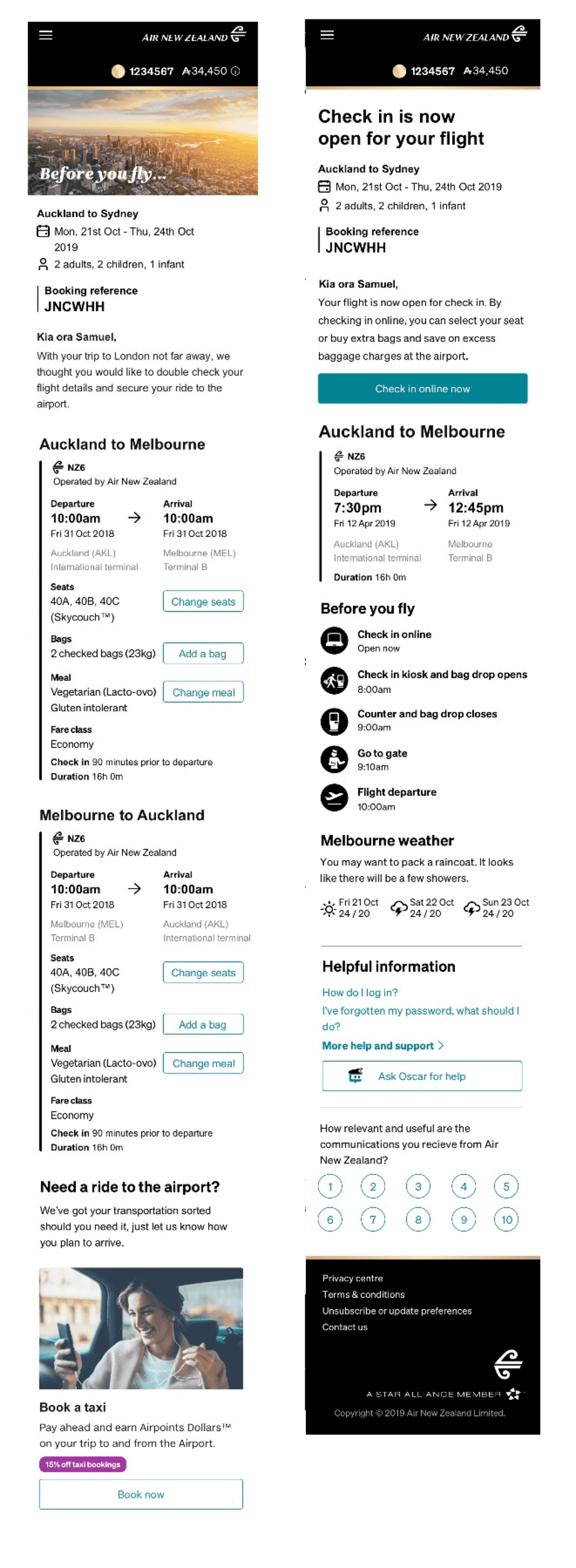 Sample pre-flight Air New Zealand emails