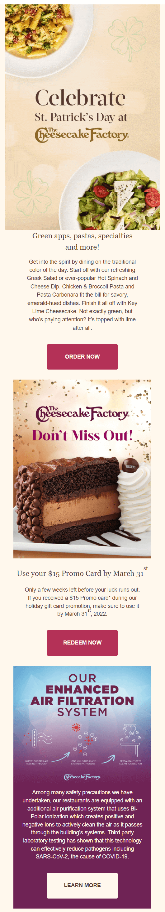 The email campaign by Cheesecake Factory