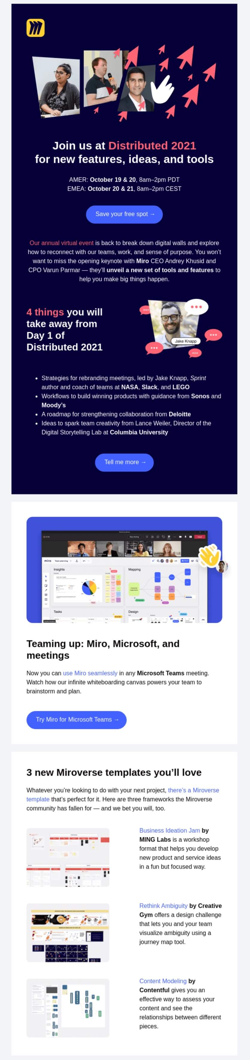 An event newsletter email from Miro