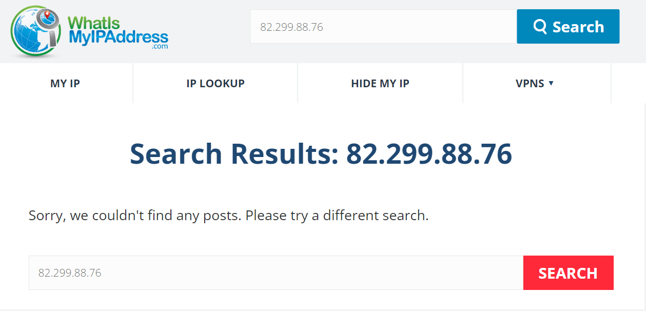 no results found for an incorrect IP address