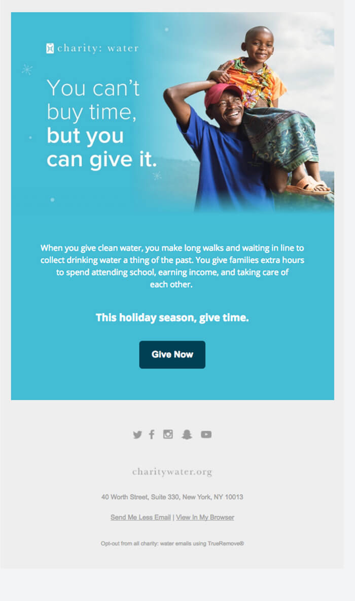 Holiday email from charity:water