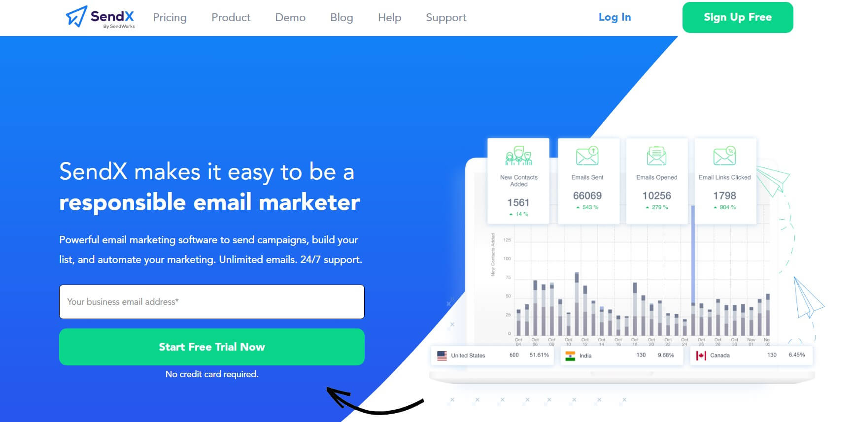 SendX email service provider main page