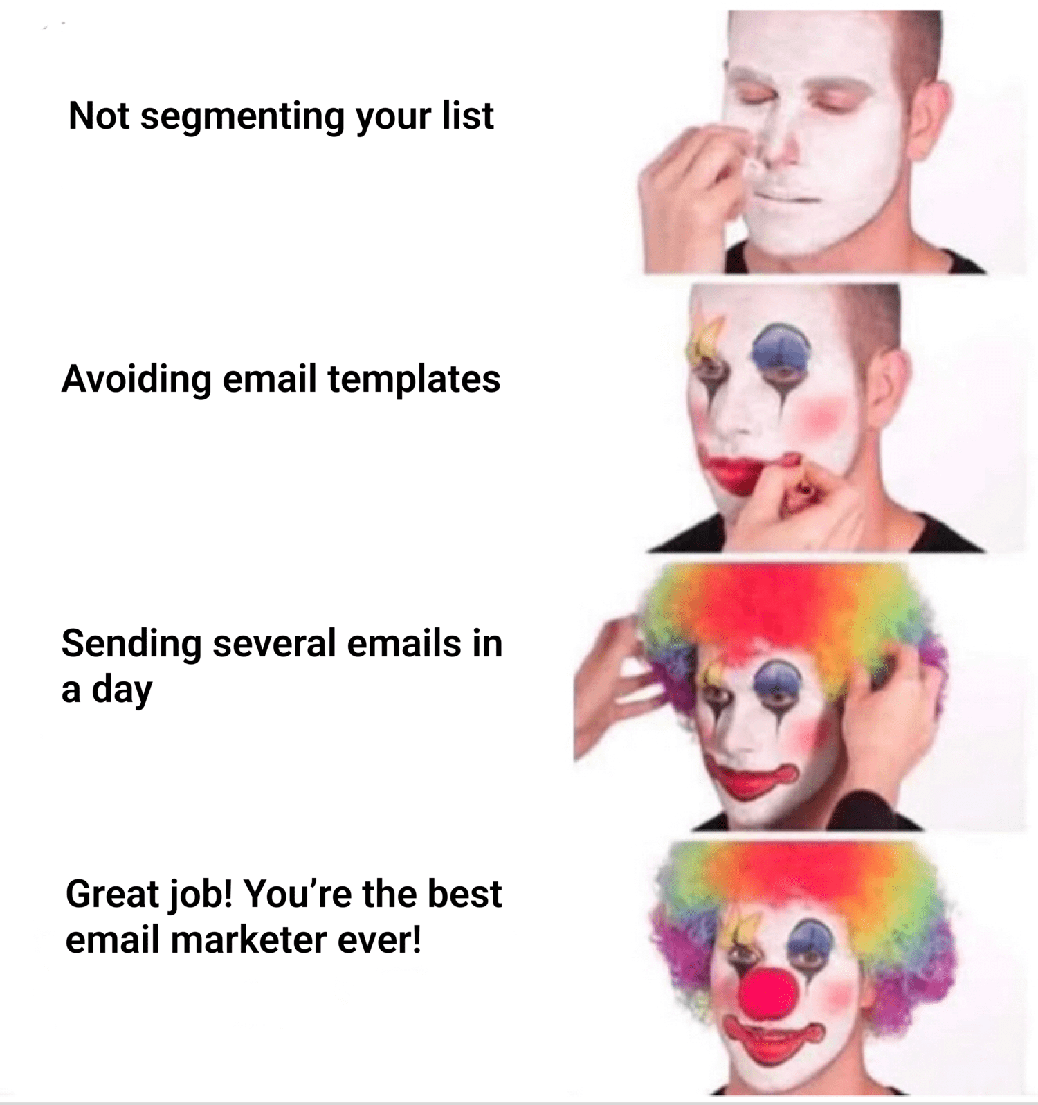A clown meme with email marketing-related text