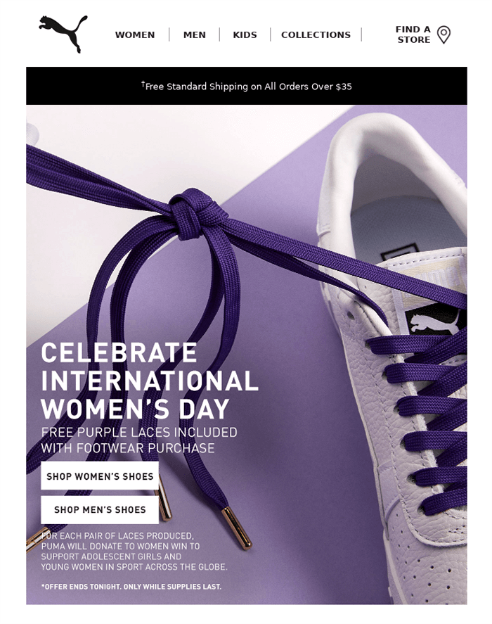 An email with a tagline “Celebrate International Women’s Day” and an offer of free purple laces for every footwear purchase