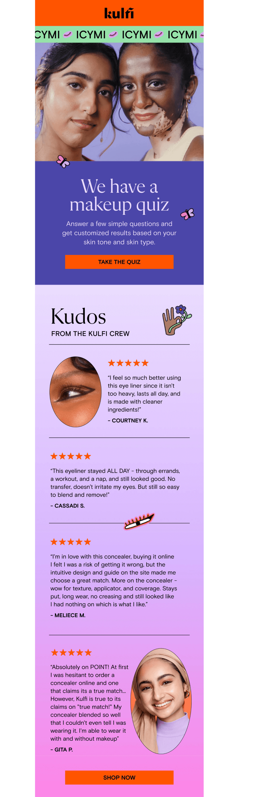 An email from Kulfi Beauty with testimonials
