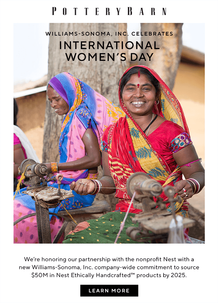 An email explaining the brand’s new program for ethically handcrafted products accompanied by a photo of women weaving