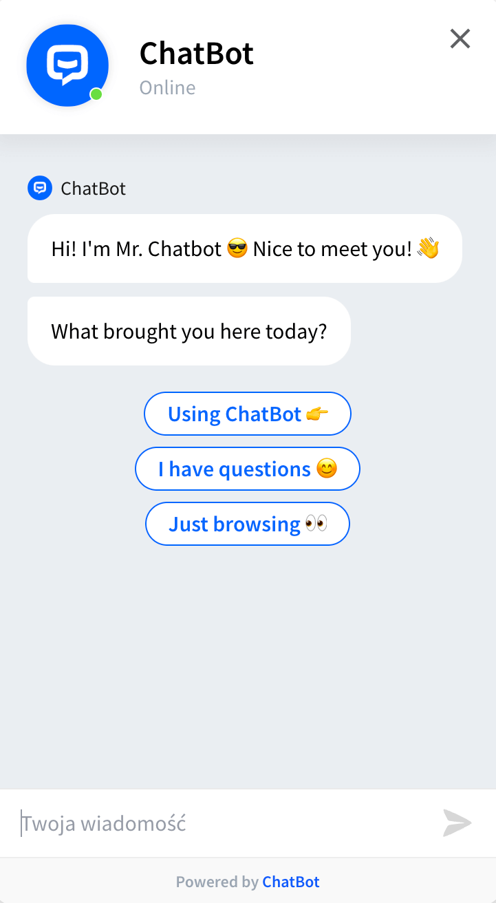 An example of a chat window in which a customer can talk to a chatbot