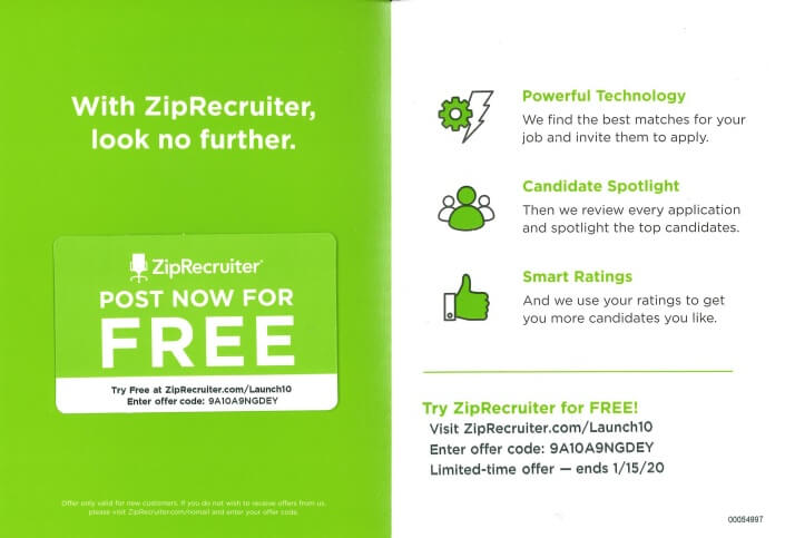 A direct mail example from ZipRecruiter