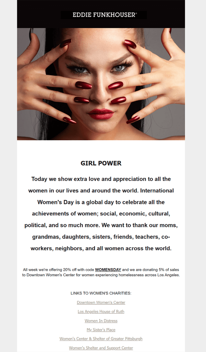A Women’s Day email with a thank-you message and a charity donation announcement