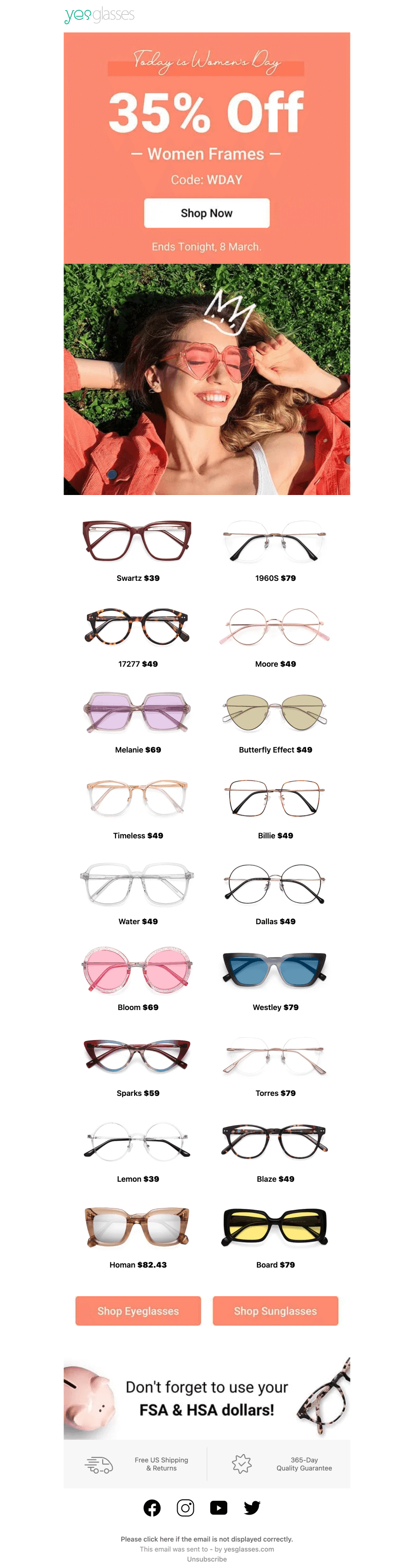 Yesglasses’s International Women’s Day sale email campaign
