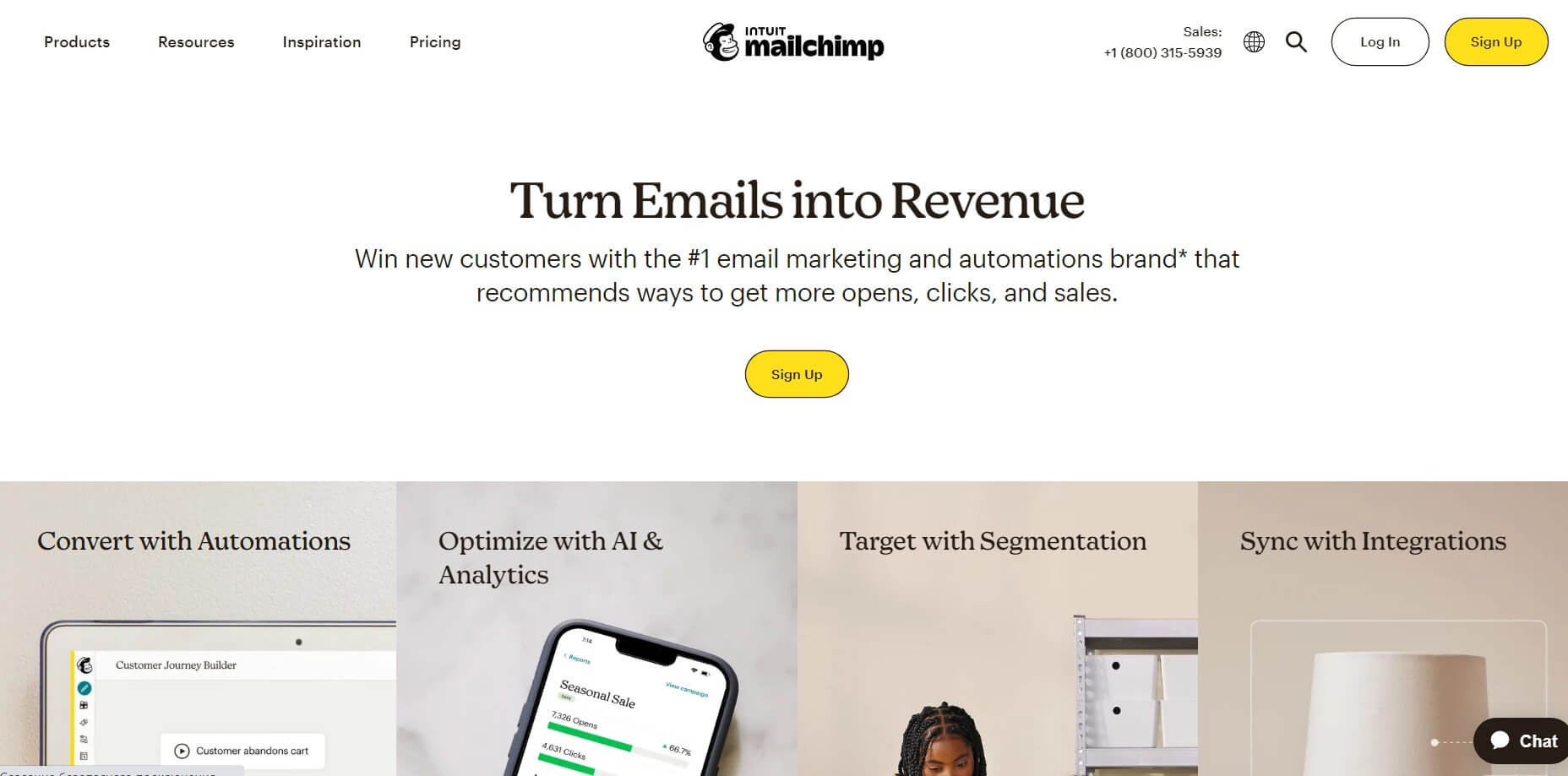 Home page of the Mailchimp email service provider