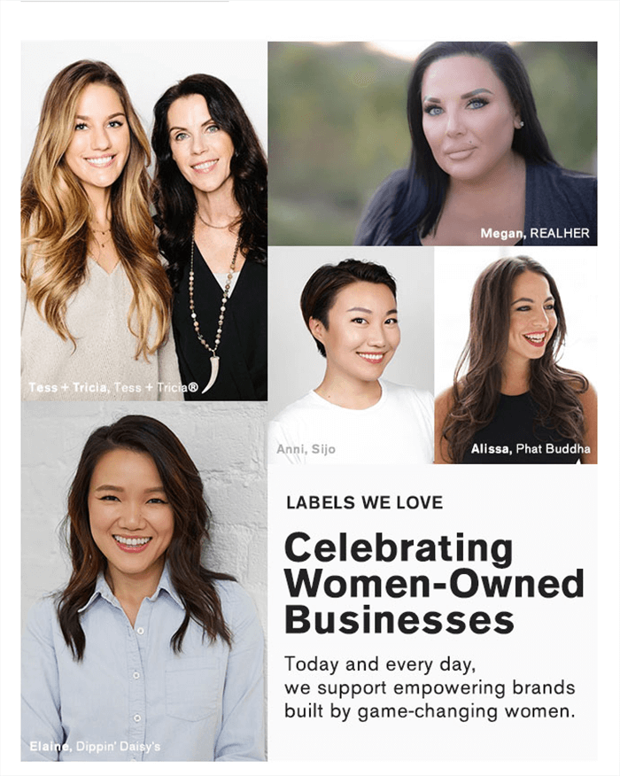 An email with a tagline “Celebrating women-owned businesses” and photos of women brand founders