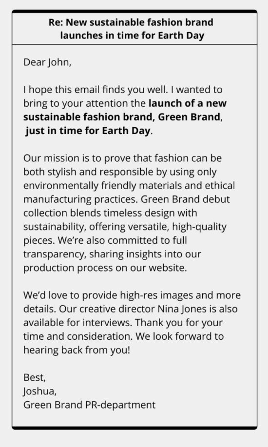 Example of a pitch email with Earth Day as a topic