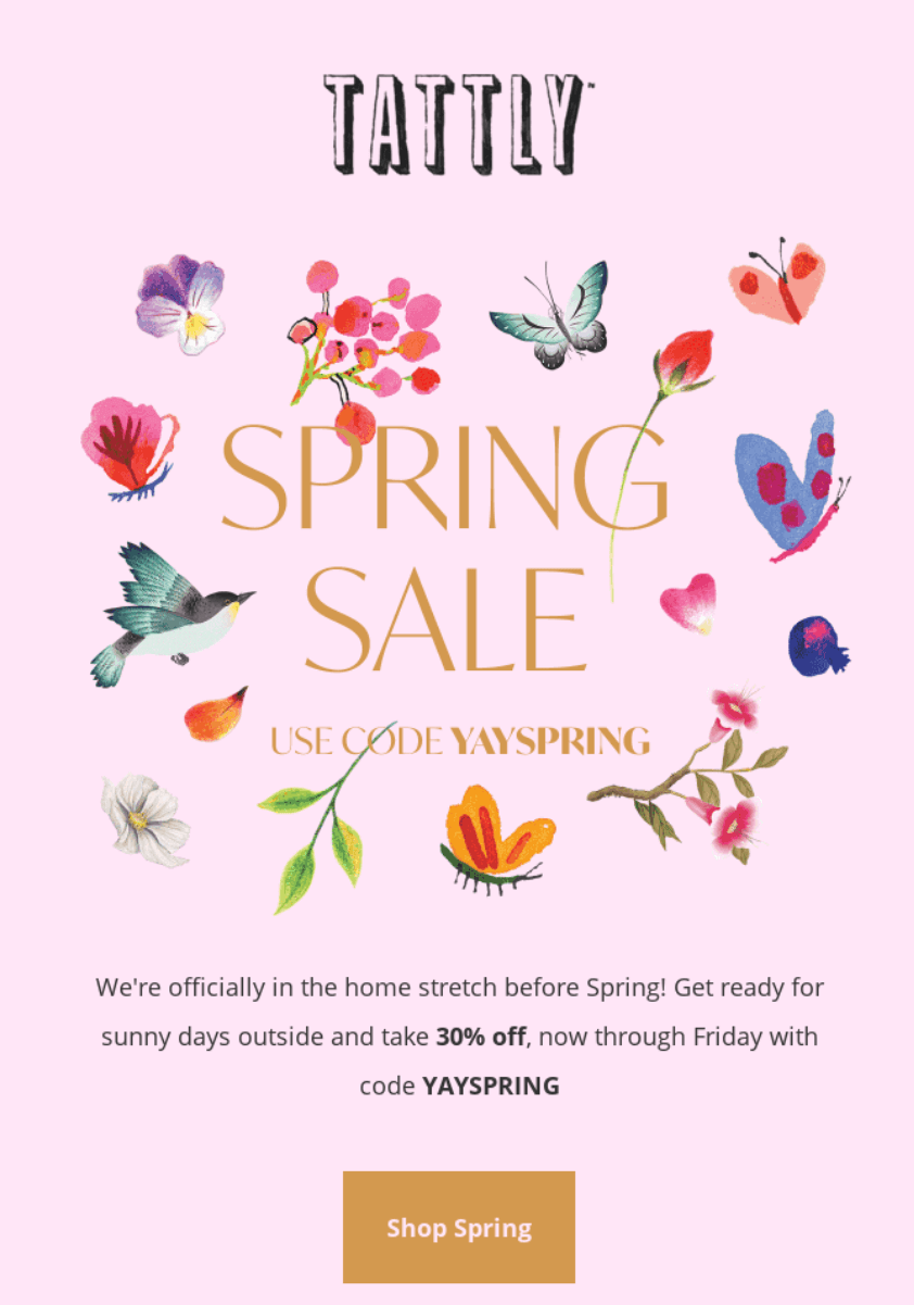 Spring sale email by Tattly with a dedicated code