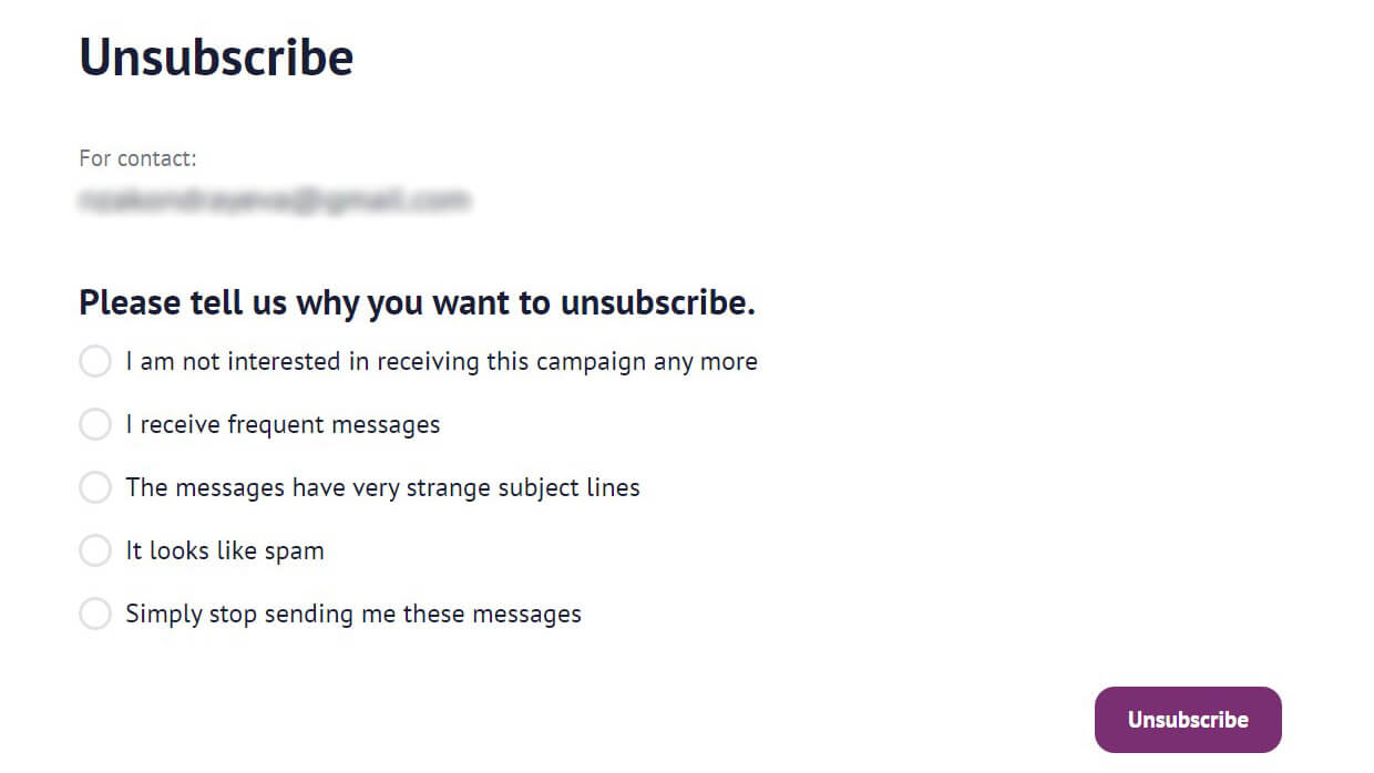 Unsubscribe survey at Selzy blog unsubscribe page