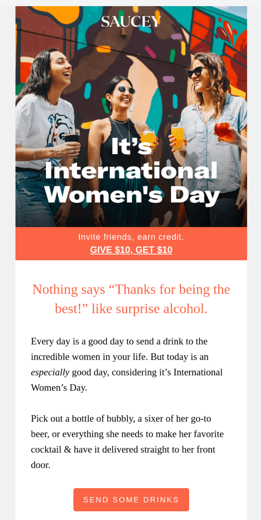 International Women’s Day email with a CTA “Send some drinks”