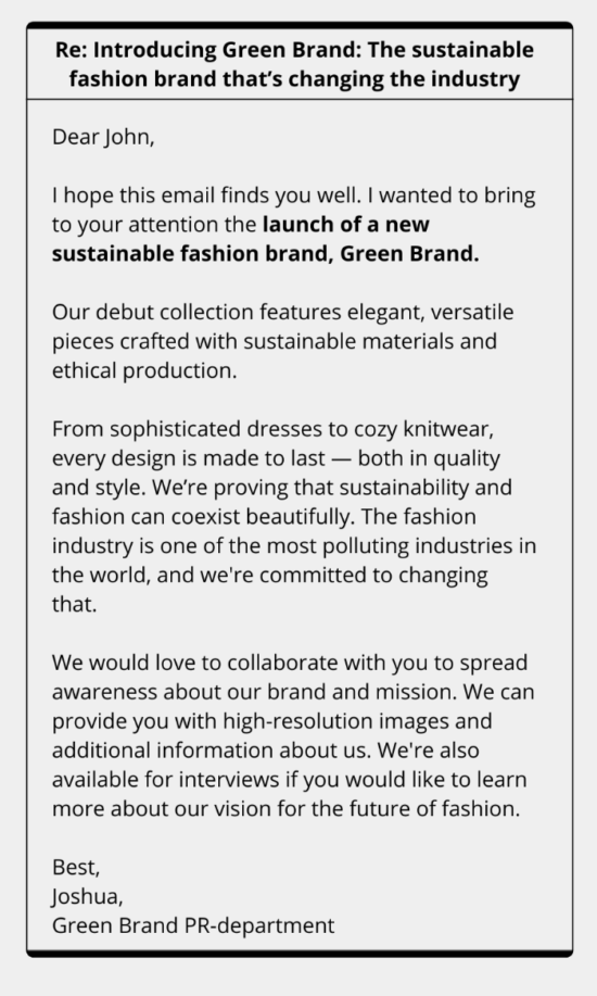 ALT= Example of an email pitch for a fashion brand