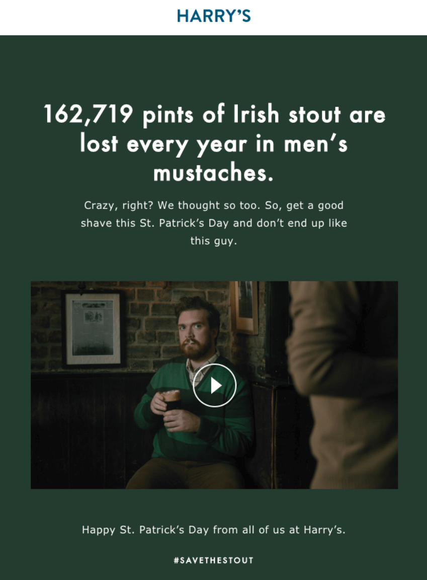 St. Patrick’s Day email stating how many pints of Irish stout are lost in men’s mustaches