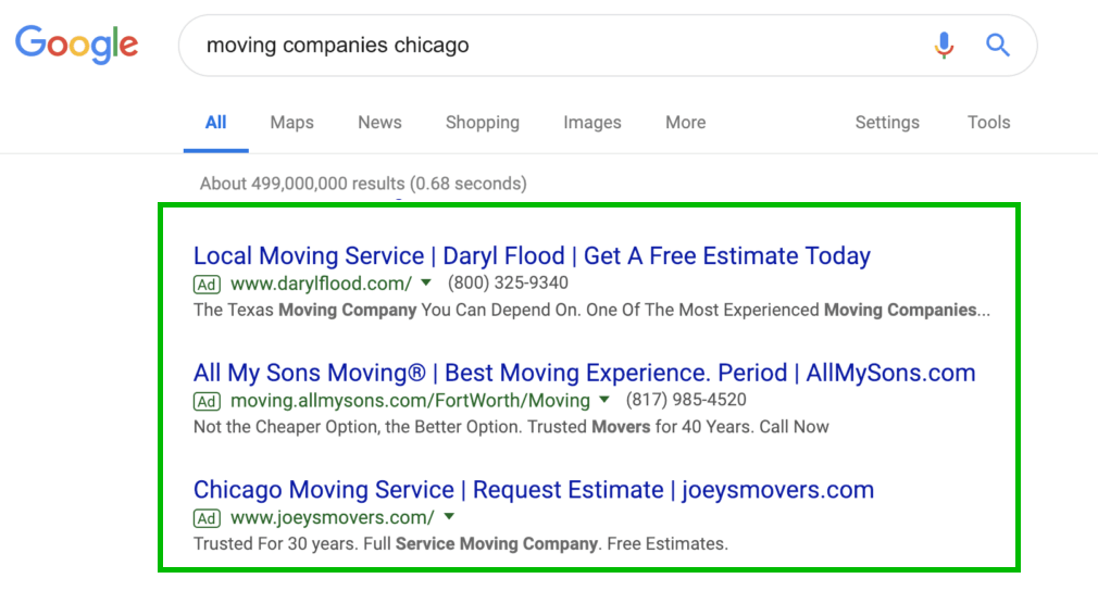Moving companies Google ad results