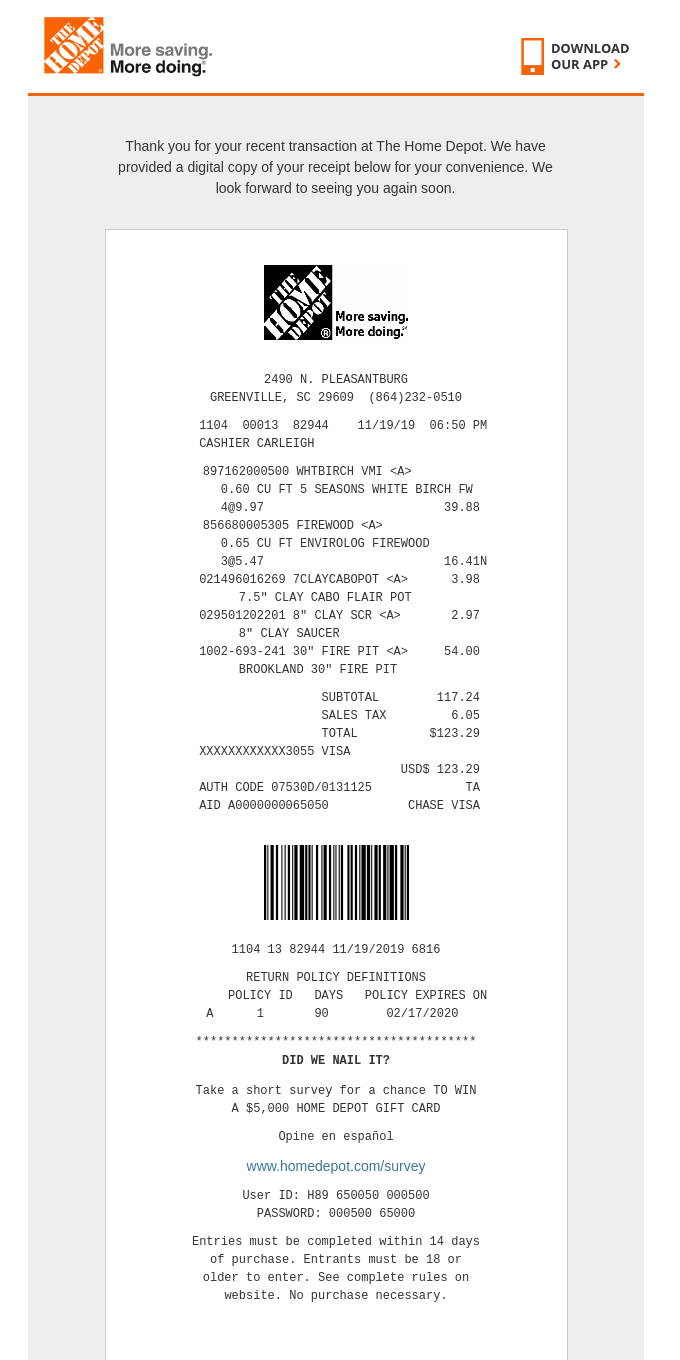 An example of a transactional email with electronic receipt