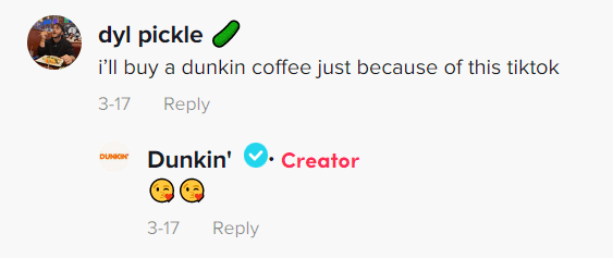 Dunkin TikTok comment screenshot