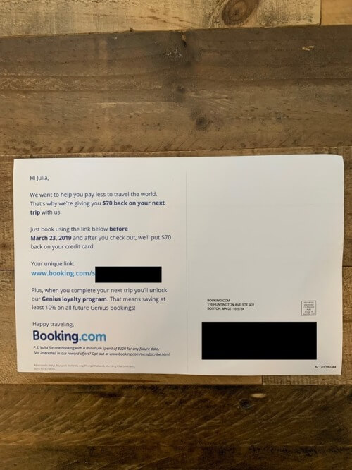A personalized direct mail campaign from Booking.com