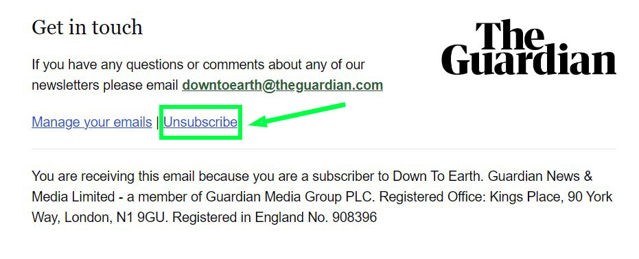 Unsubscription link in an email from The Guardian