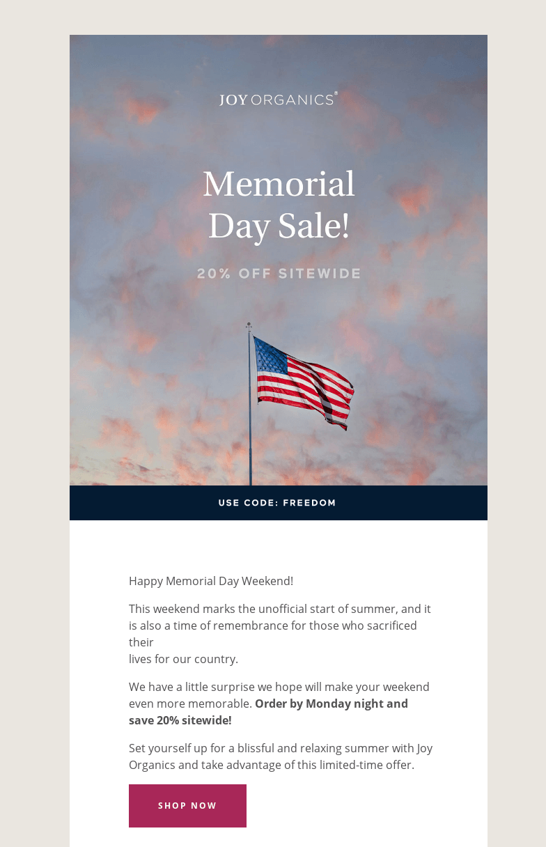 Memorial Day email about a holiday 20% off sale and a photo of the US flag