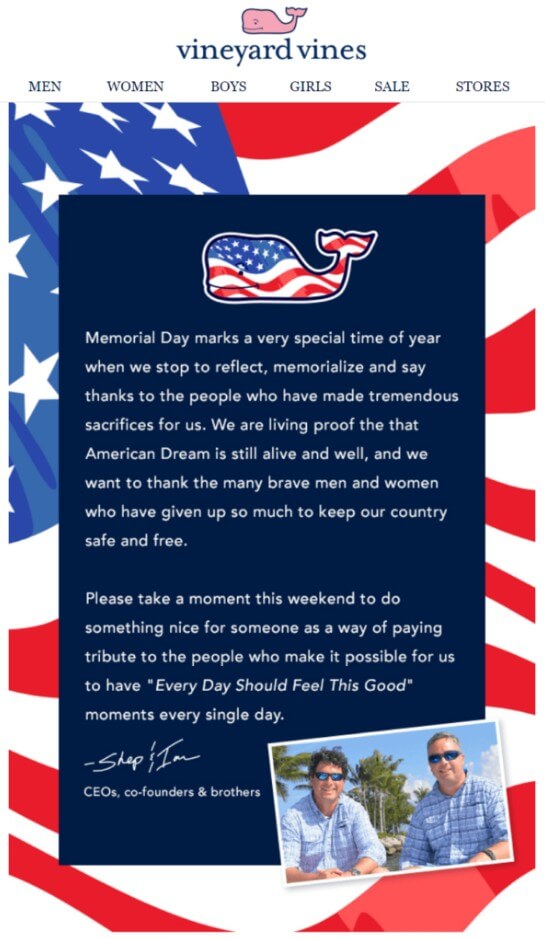 Non-promotional Memorial Day email example