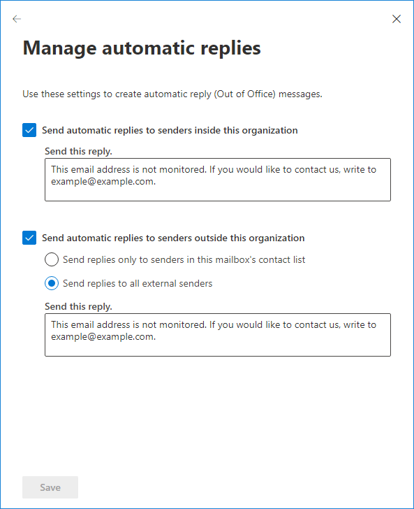 A screenshot showcasing what to click on once you get to the Manage automatic replies pane.