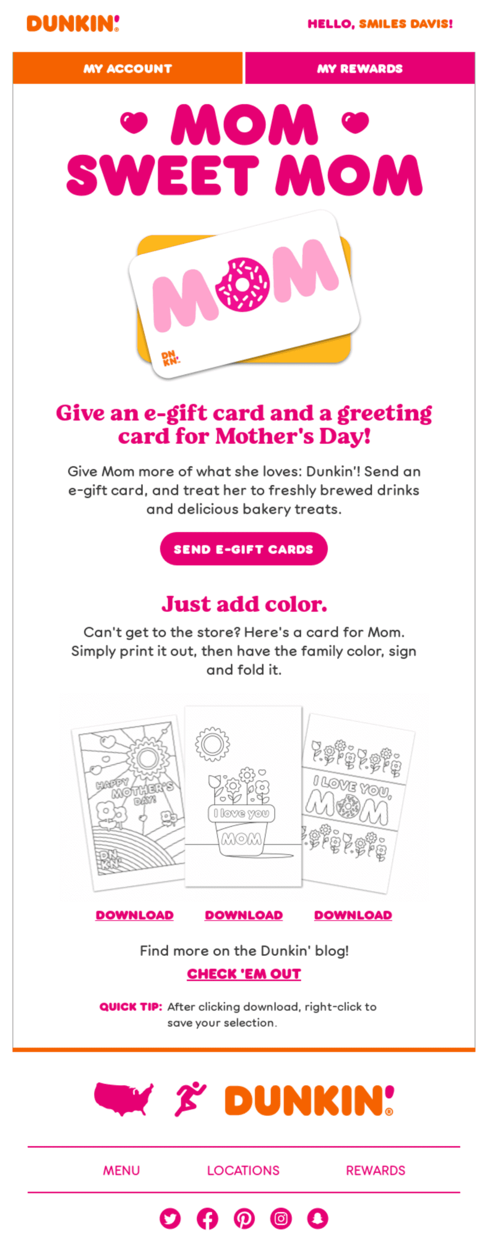 Mother’s Day email subject line example from Dunkin Donuts